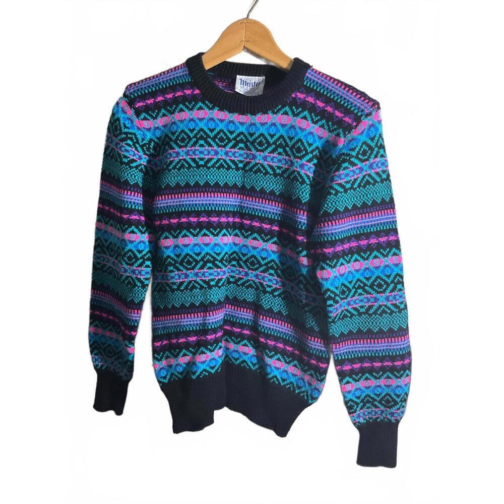 Vintage Meister Wool Blend Crew Neck Sweater - Colorful Geometric Pattern